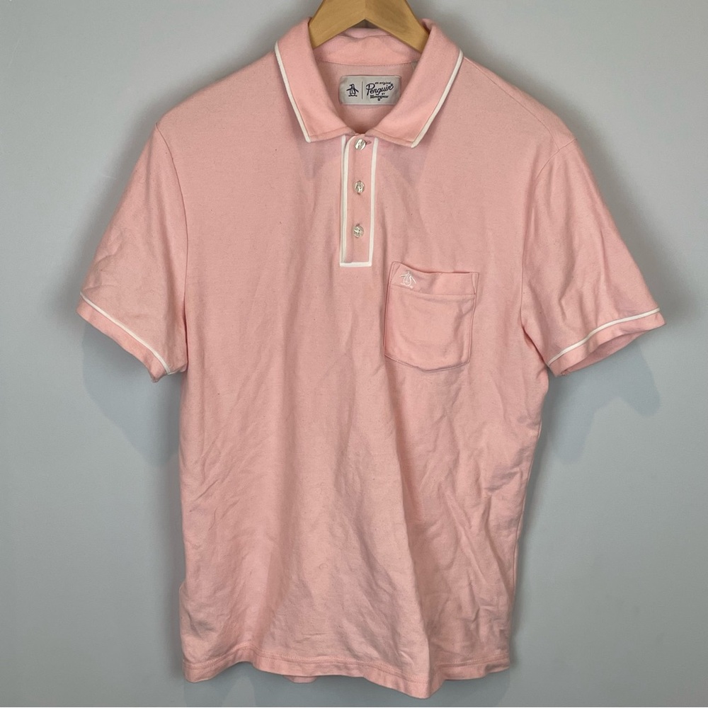 Original Penguin Polo Shirt - Medium - Pink with White Piping